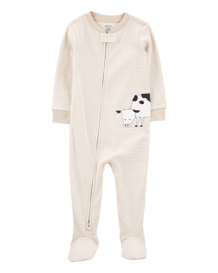 Baby Boy Cow Striped Snug Fit Cotton Footie 1-Piece Pyjamas - Tan